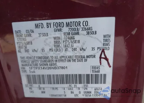 2006 Ford F-150 Fx4/Lariat/Xl/Xlt из США, поврежденный, VIN 1FTPX14V26NB37801